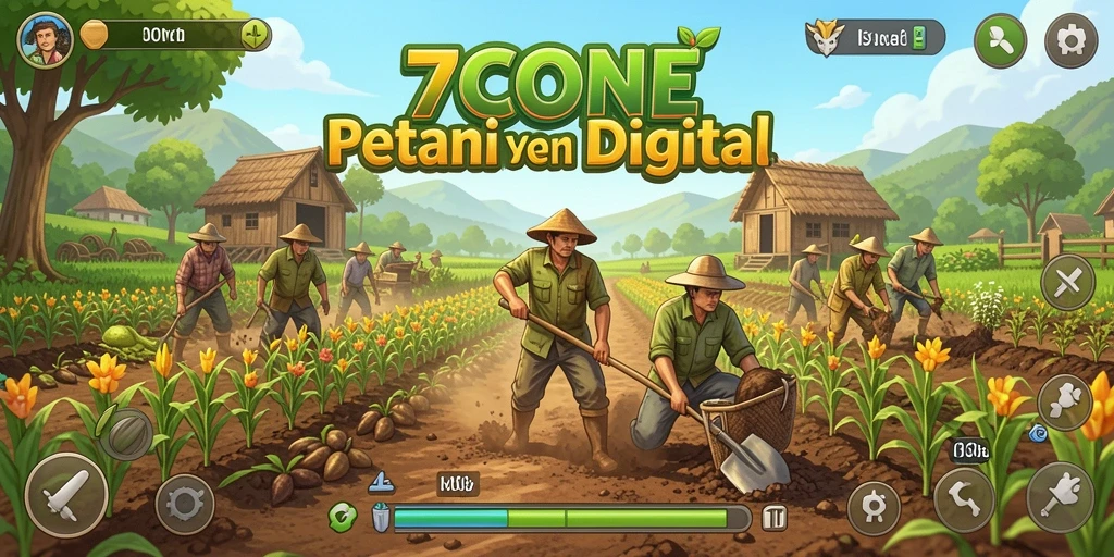 Tampilan screenshot gameplay 7CONE menunjukkan kebun yang subur dan aktivitas bertani.