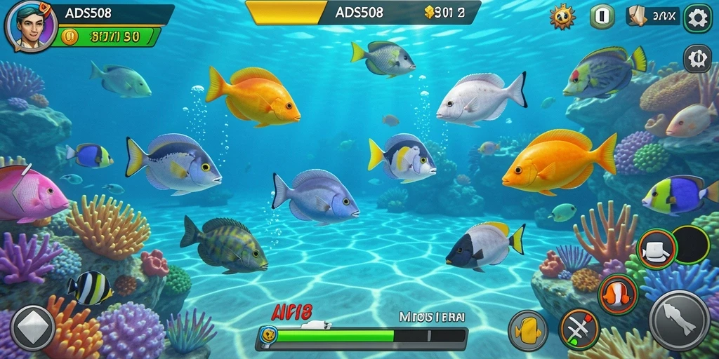 Screenshot gameplay dari ADS508 menunjukkan aksi menembak ikan yang seru.