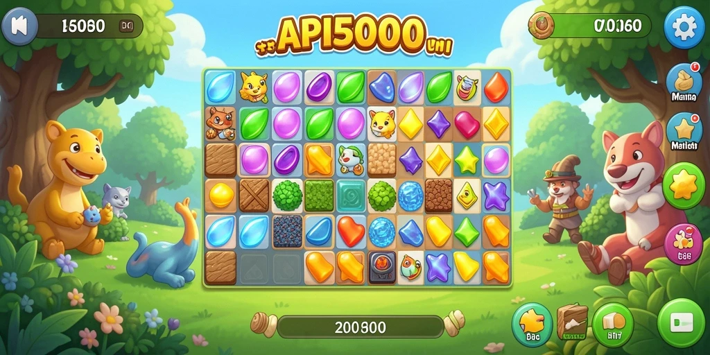 Screenshot API5000 menampilkan gameplay seru dalam mencocokkan item.