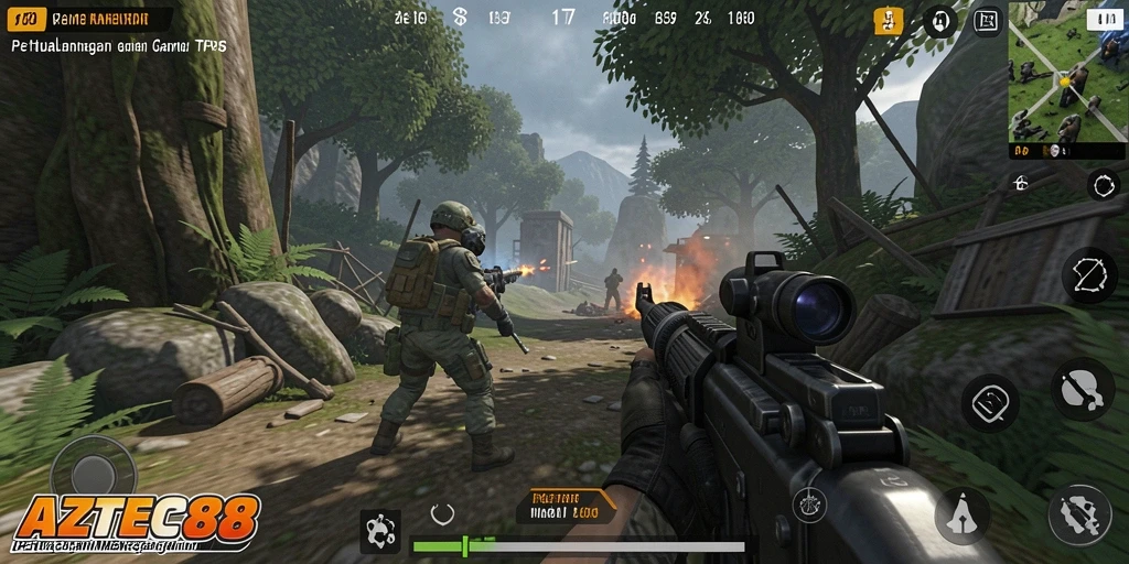 Tangkapan layar menunjukkan aksi seru gameplay TPS AZTEC88.