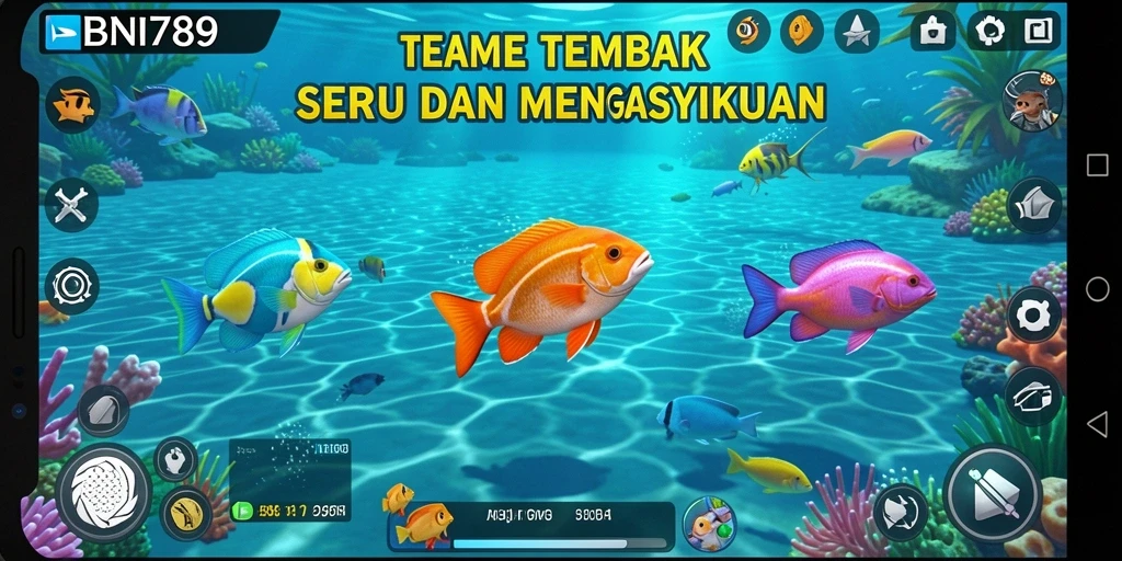 Screenshot gameplay BNI789 menampilkan aksi menembak ikan yang seru.