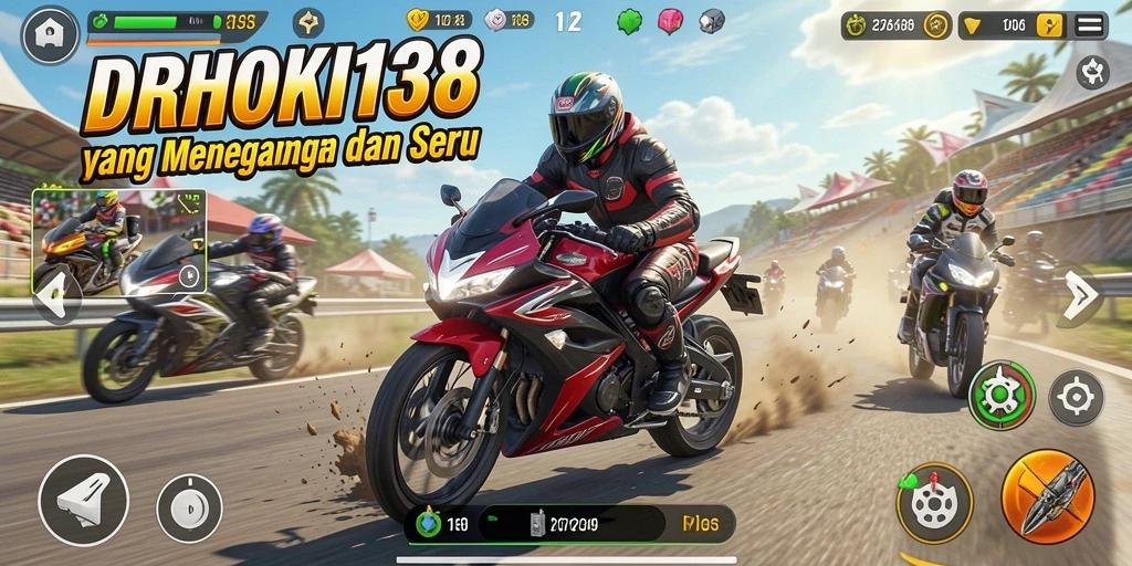 Screenshot permainan IDRHOKI138 yang menampilkan aksi balapan motor yang mendebarkan.