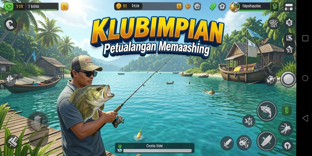 Tampilan gameplay KLUBIMPIAN yang menampilkan aktivitas memancing yang seru.