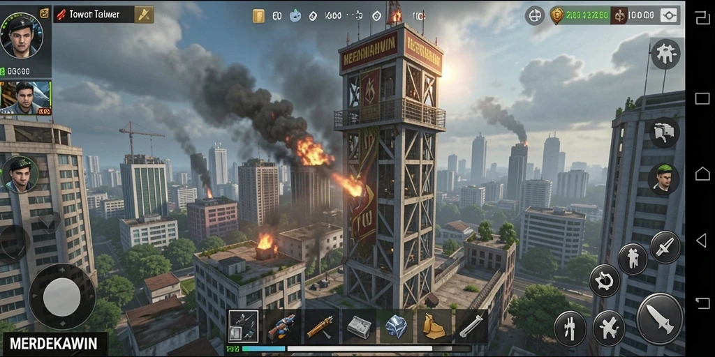 Screenshot menunjukkan aksi seru dalam game Tower Defense MERDEKAWIN.